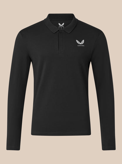 Black long sleeve polo shirt with ribbed collar and button placket and embroidered chest detail