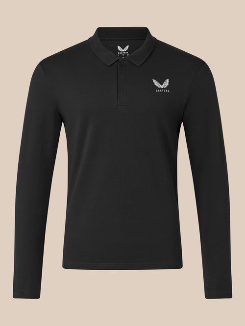 Black long sleeve polo shirt with ribbed collar and button placket and embroidered chest detail