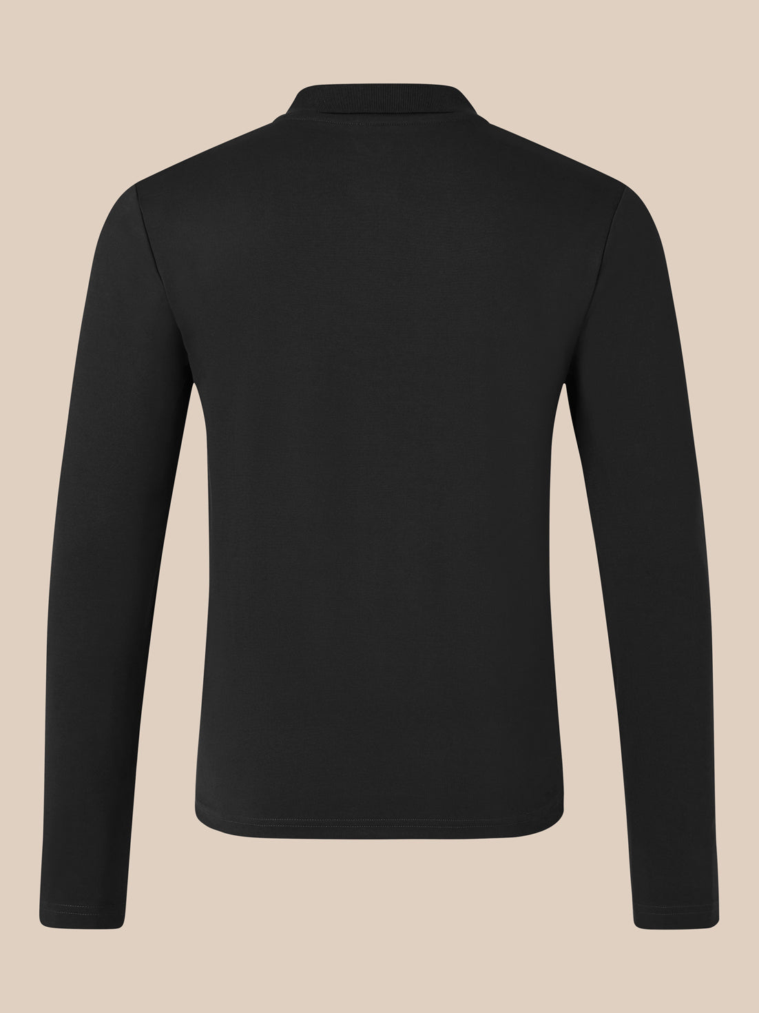 Back view of black long sleeve polo shirt with ribbed collar and clean silhouette