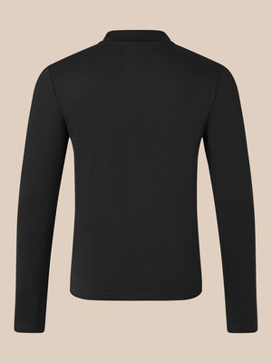 Back view of black long sleeve polo shirt with ribbed collar and clean silhouette