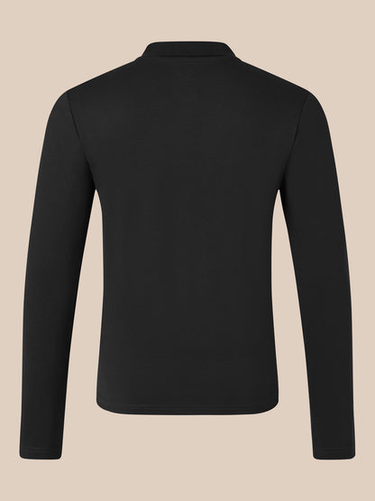 Back view of black long sleeve polo shirt with ribbed collar and clean silhouette