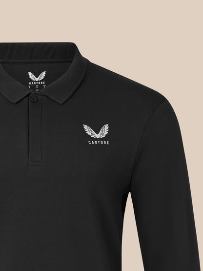 Black long sleeve polo with ribbed collar and white embroidered crest on left chest