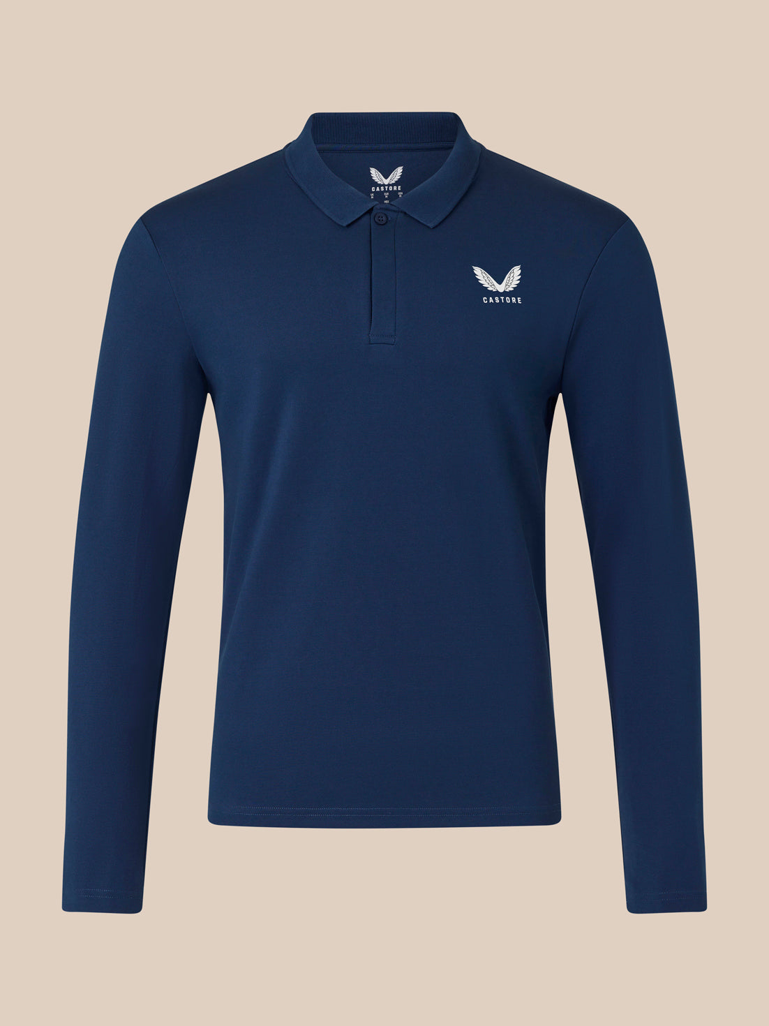 Navy long sleeve polo with white embroidered wing crest on left chest