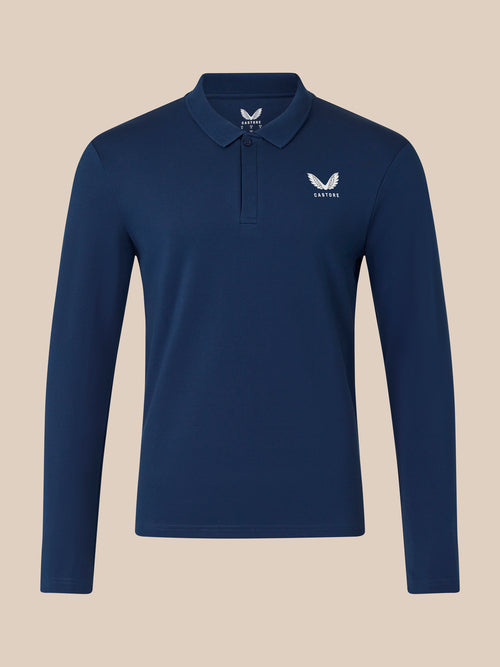 Navy long sleeve polo with white embroidered wing crest on left chest