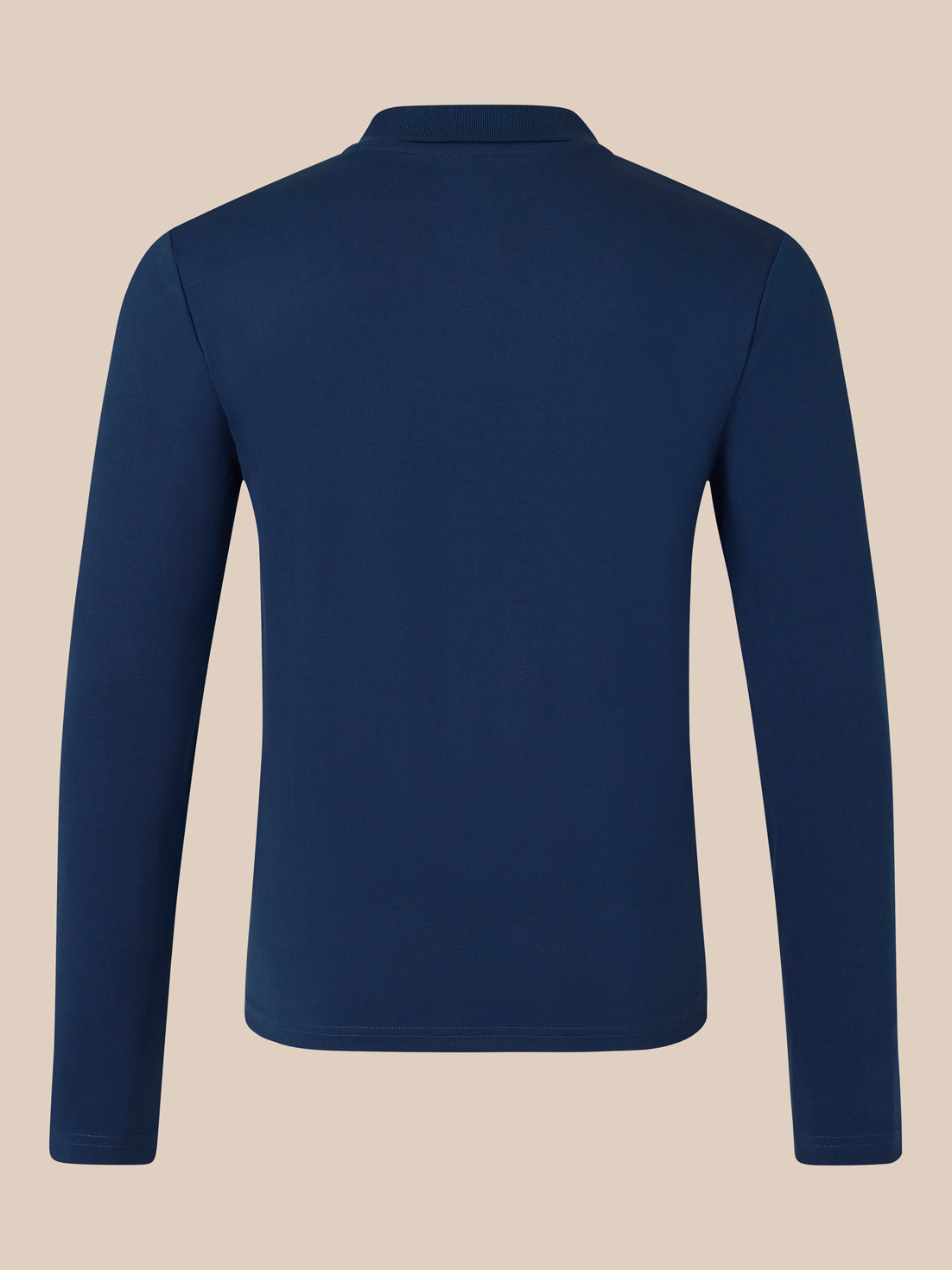 Back view of navy long sleeve polo with ribbed collar and curved hem