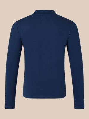 Back view of navy long sleeve polo with ribbed collar and curved hem