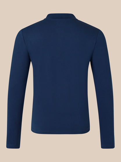 Back view of navy long sleeve polo with ribbed collar and curved hem