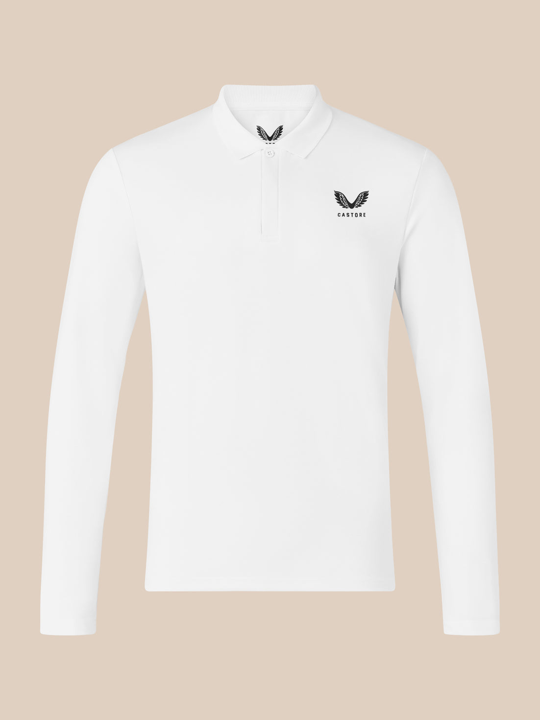 Front view of white long sleeve polo with left chest CASTORE wing logo