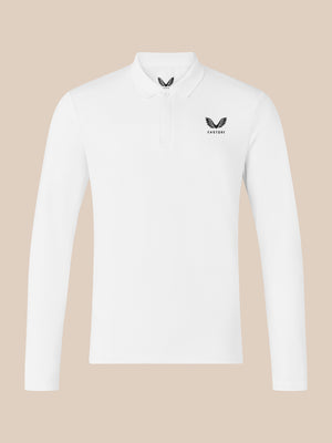 Front view of white long sleeve polo with left chest CASTORE wing logo