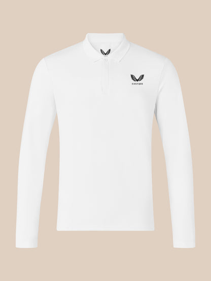 Front view of white long sleeve polo with left chest CASTORE wing logo