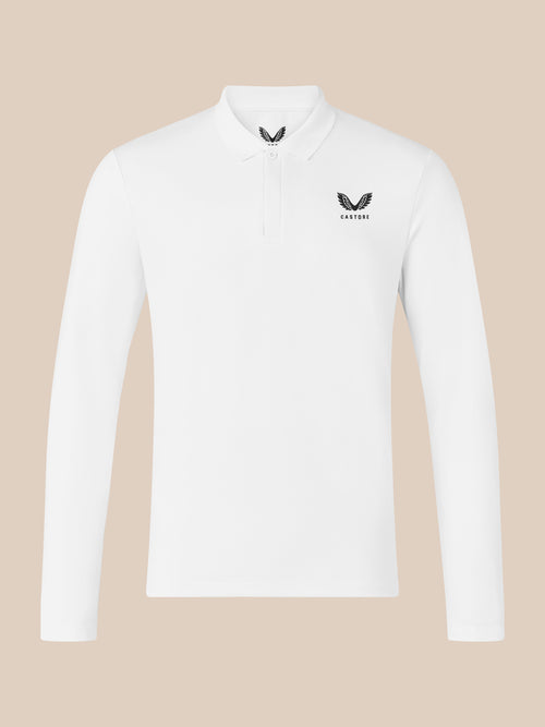 Front view of white long sleeve polo with left chest CASTORE wing logo