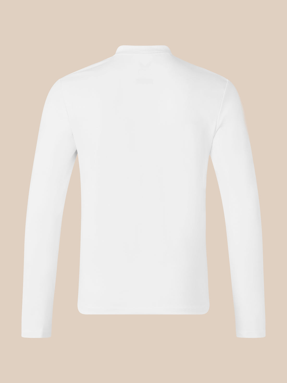 Back view of white long sleeve polo with collar