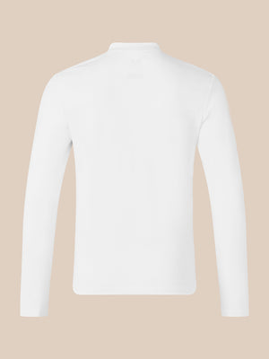 Back view of white long sleeve polo with collar
