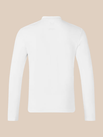 Back view of white long sleeve polo with collar