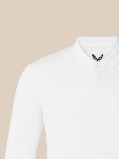 White long sleeve polo shirt with ribbed collar and button placket featuring embroidered chest detail
