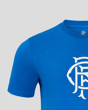 Close up of blue Rangers FC Core Crest T shirt neckline showing a small white crest at the back of the neck