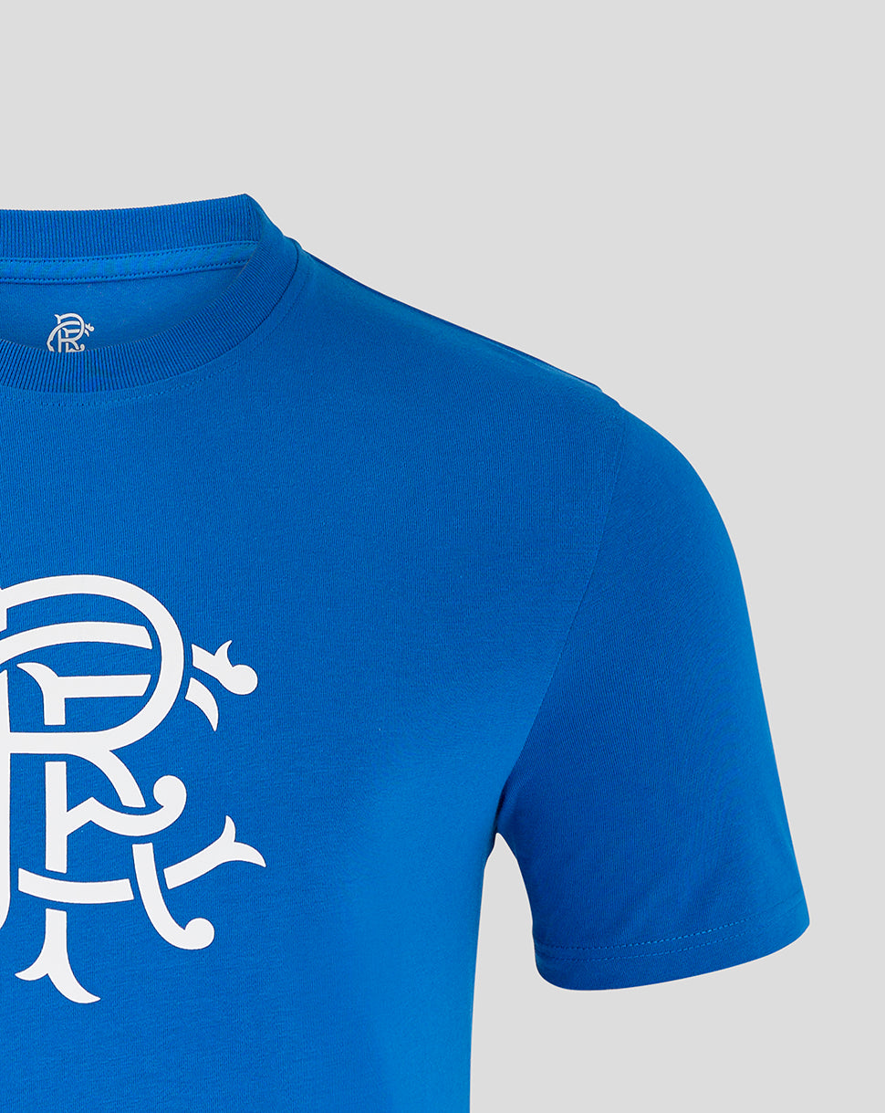 Blue Rangers FC Core Crest T shirt with a large white crest graphic partially visible on the front