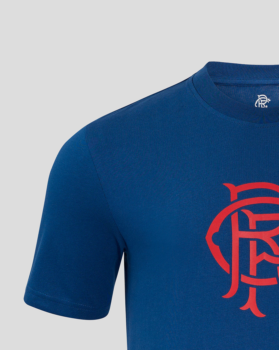 Navy Rangers T shirt close up showing large red club crest on the chest