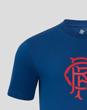 Navy Rangers T shirt close up showing large red club crest on the chest