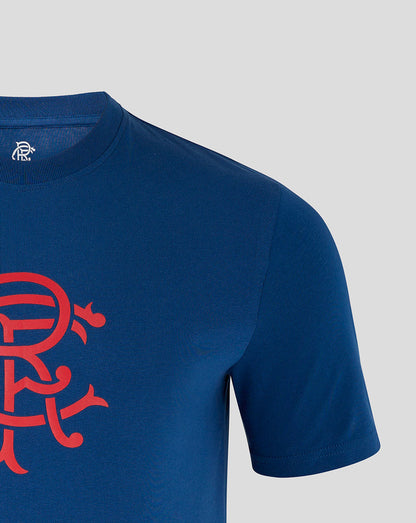 Close up of navy Rangers Crest T Shirt showing shoulder area and red chest print