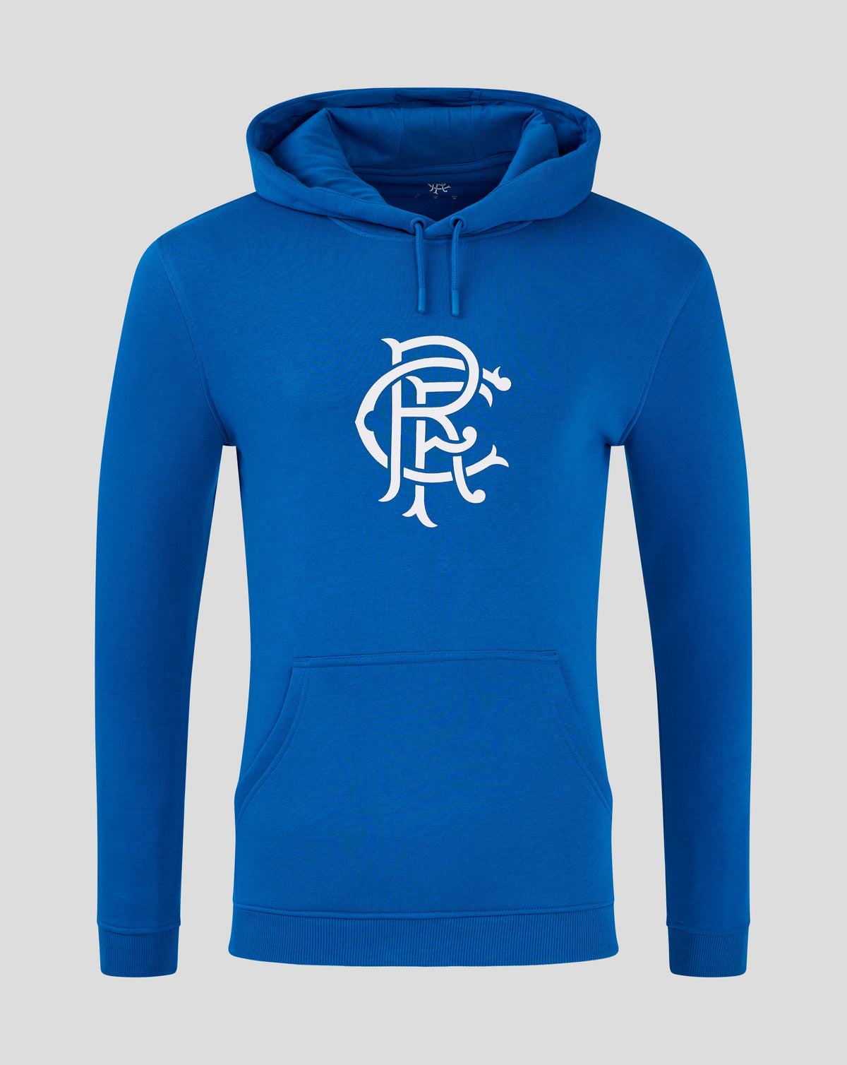 Blue Rangers FC core hoodie with drawstring hood and large white crest on the chest.