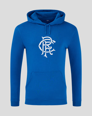 Blue Rangers FC core hoodie with drawstring hood and large white crest on the chest.
