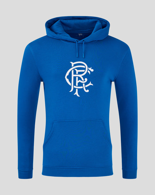 Blue Rangers FC core hoodie with drawstring hood and large white crest on the chest.