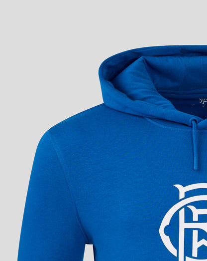 Close-up of blue Rangers hoodie showing the hood and upper chest with partial white crest.