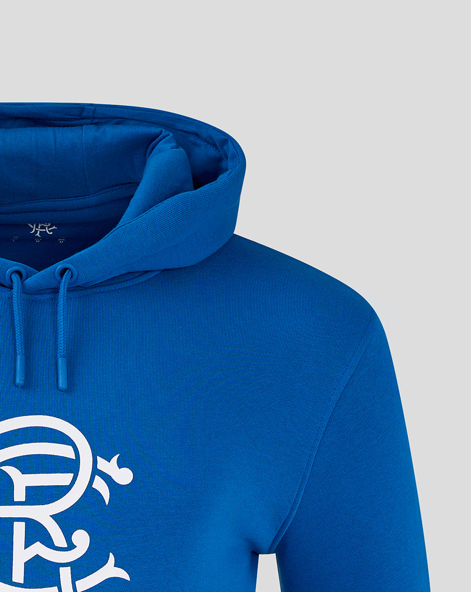 Blue Rangers hoodie close-up of the chest crest and hood with visible shoulder seam.