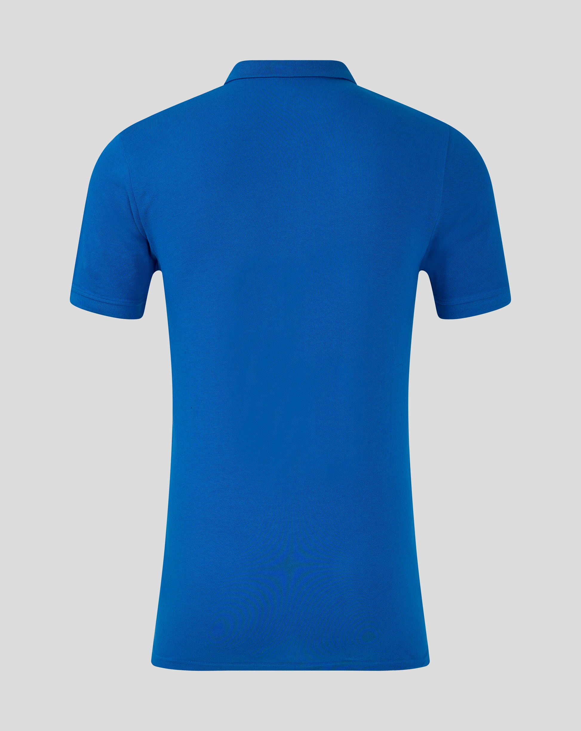 Rear view of bright blue Rangers FC core polo focusing on the collar and upper back.