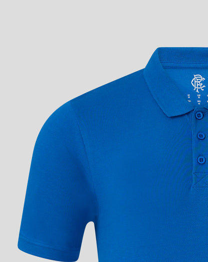 Close-up of blue Rangers FC polo chest showing crest on left and visible button placket.