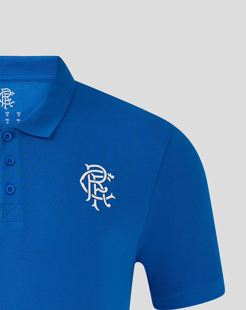 Close-up of bright blue Rangers FC core polo with ribbed collar, three-button placket and white left chest crest.