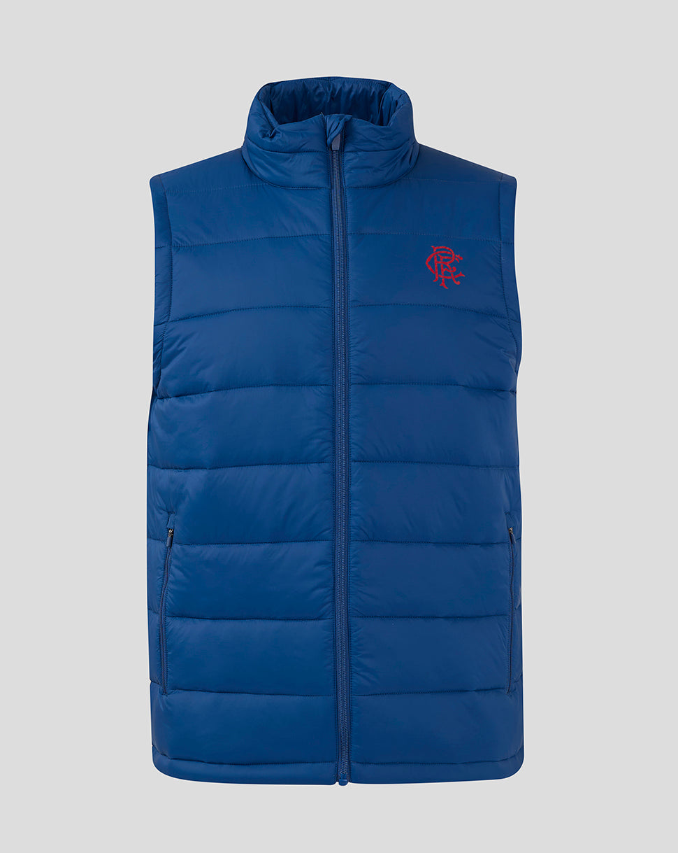 Navy Rangers FC Core Fan Gilet with sleeveless silhouette funnel neckline left chest crest and front zip