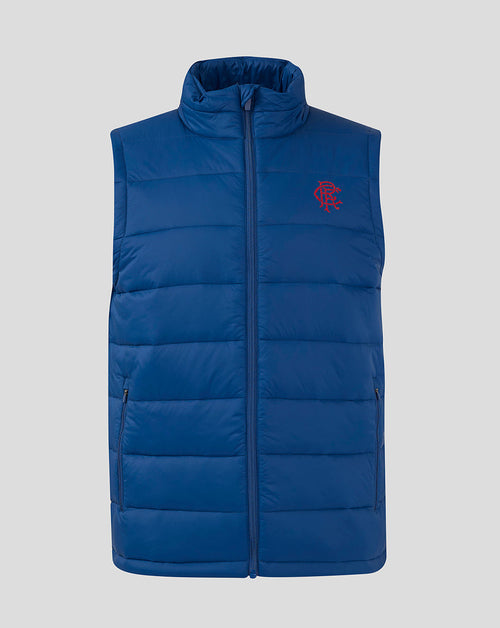Navy Rangers FC Core Fan Gilet with sleeveless silhouette funnel neckline left chest crest and front zip