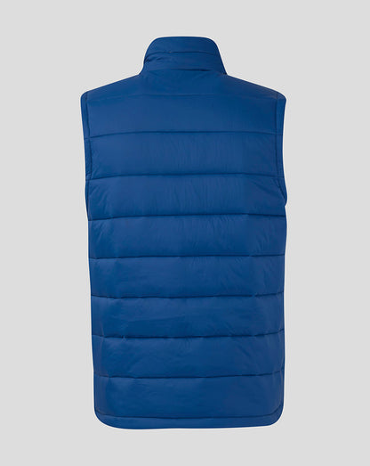 Back view of blue padded sleeveless gilet with horizontal quilting.