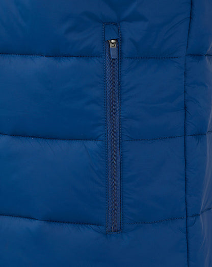 Close up of navy Rangers core fan gilet zipper on padded sleeveless jacket