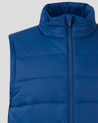 Blue padded sleeveless gilet with high collar and center front zip; Rangers crest on the left chest.