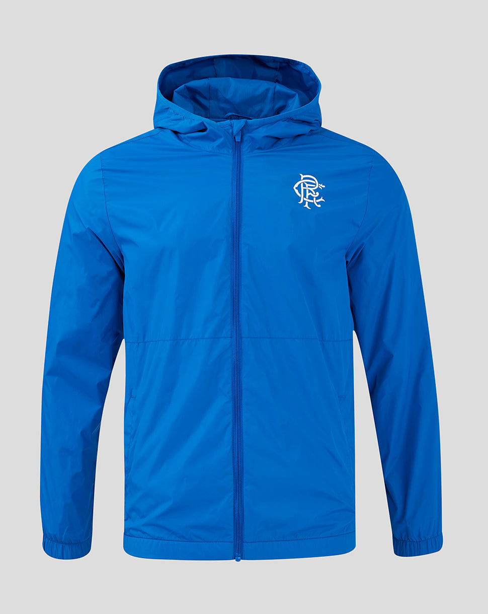 Front view of a blue Rangers FC Core Summer Jacket with hood and left chest crest