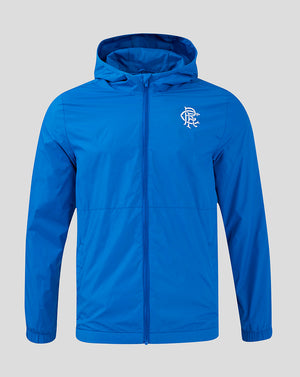 Front view of a blue Rangers FC Core Summer Jacket with hood and left chest crest