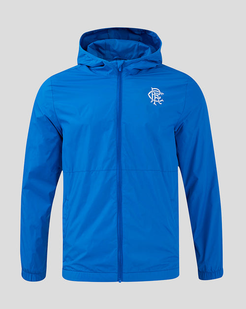 Front view of a blue Rangers FC Core Summer Jacket with hood and left chest crest