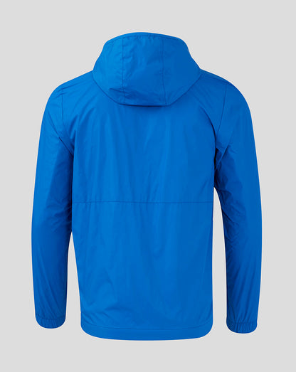 Back view of blue Rangers FC Core Summer Jacket showing hood and seam lines