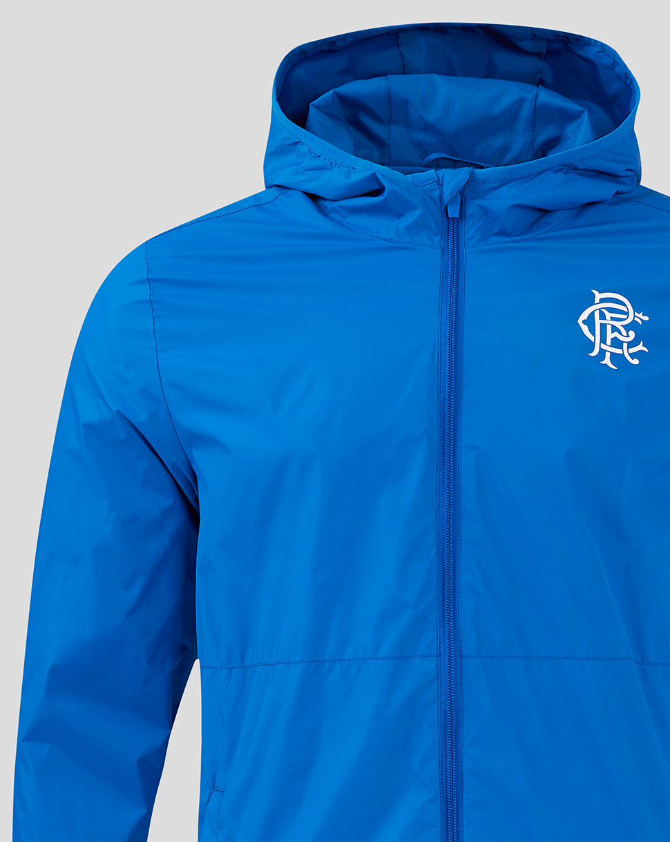 Close-up of the blue Rangers FC Core Summer Jacket showing hood and crest on left chest