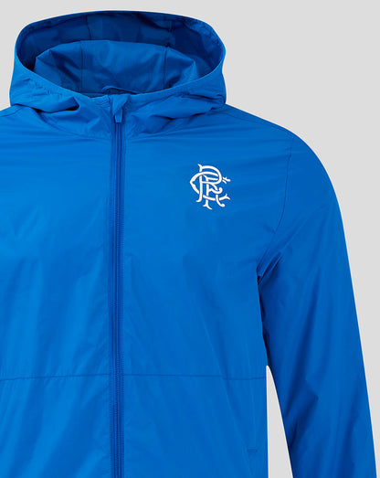 Blue Rangers FC Core Summer Jacket front view with three-piece hood and white club crest on left chest