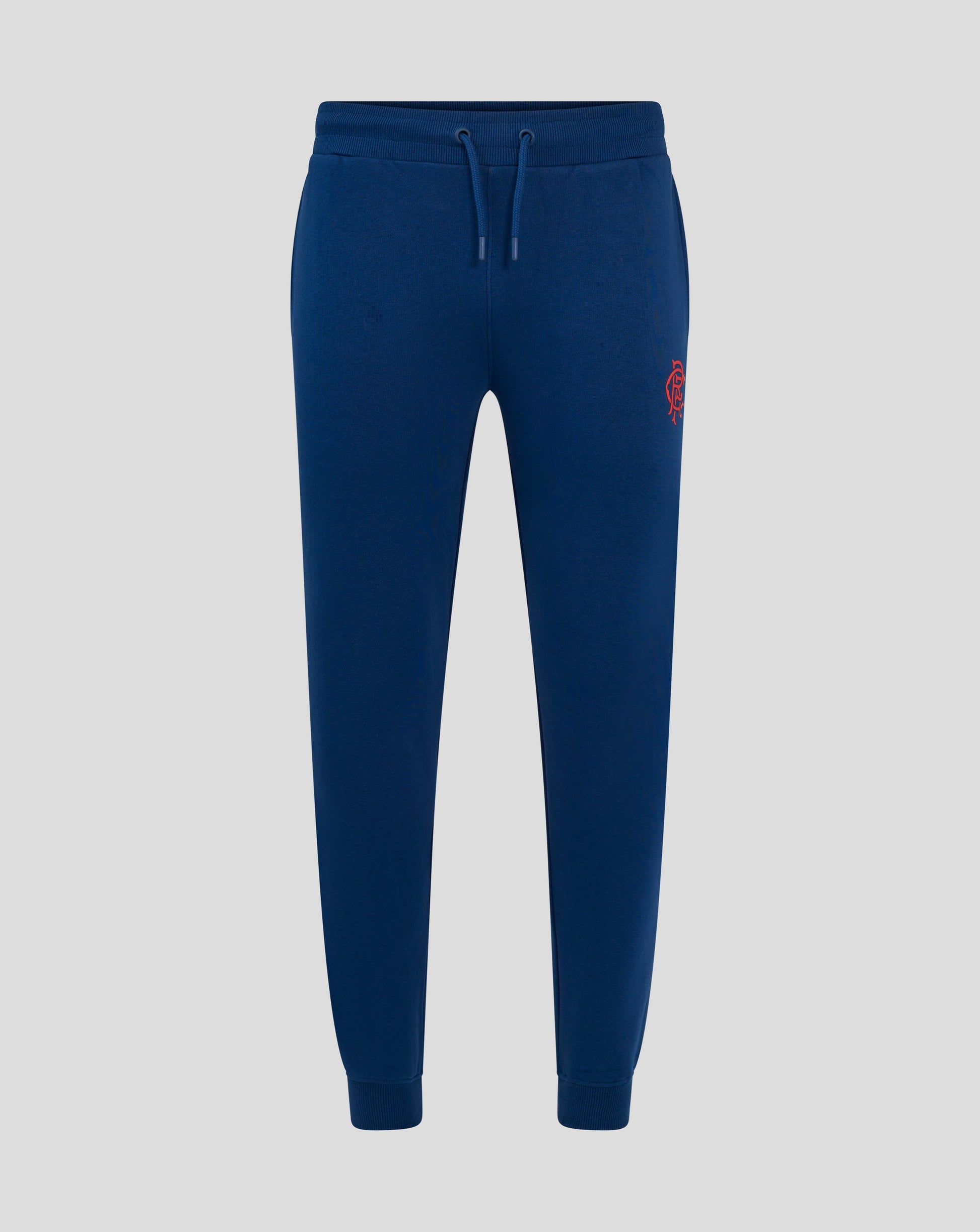 Front view of navy Rangers Core Joggers showing ribbed waistband with drawcord and red club crest on left thigh.