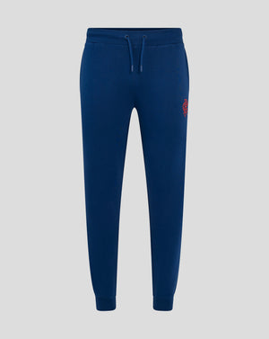 Front view of navy Rangers Core Joggers showing ribbed waistband with drawcord and red club crest on left thigh.