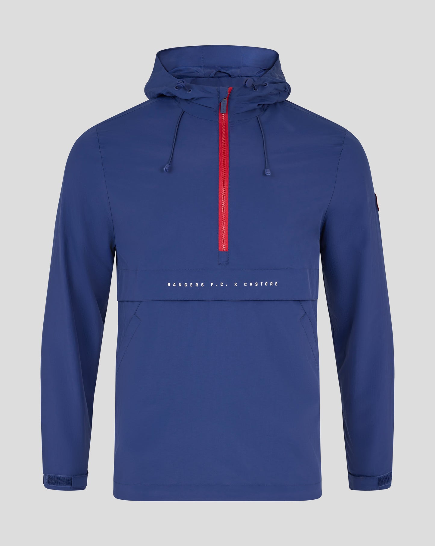 Blue Rangers Men's Anorak front view with a red center zipper and hood drawstrings