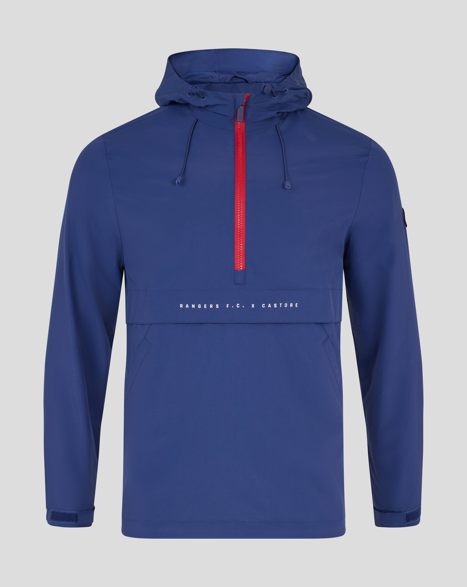 Blue Rangers Men's Anorak front view with a red center zipper and hood drawstrings