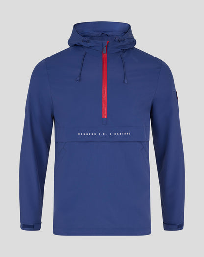 Blue Rangers Men's Anorak front view with a red center zipper and hood drawstrings