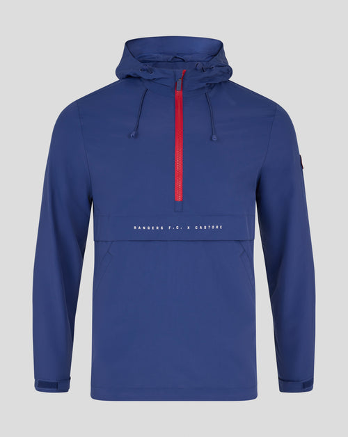 Blue Rangers Men's Anorak front view with a red center zipper and hood drawstrings