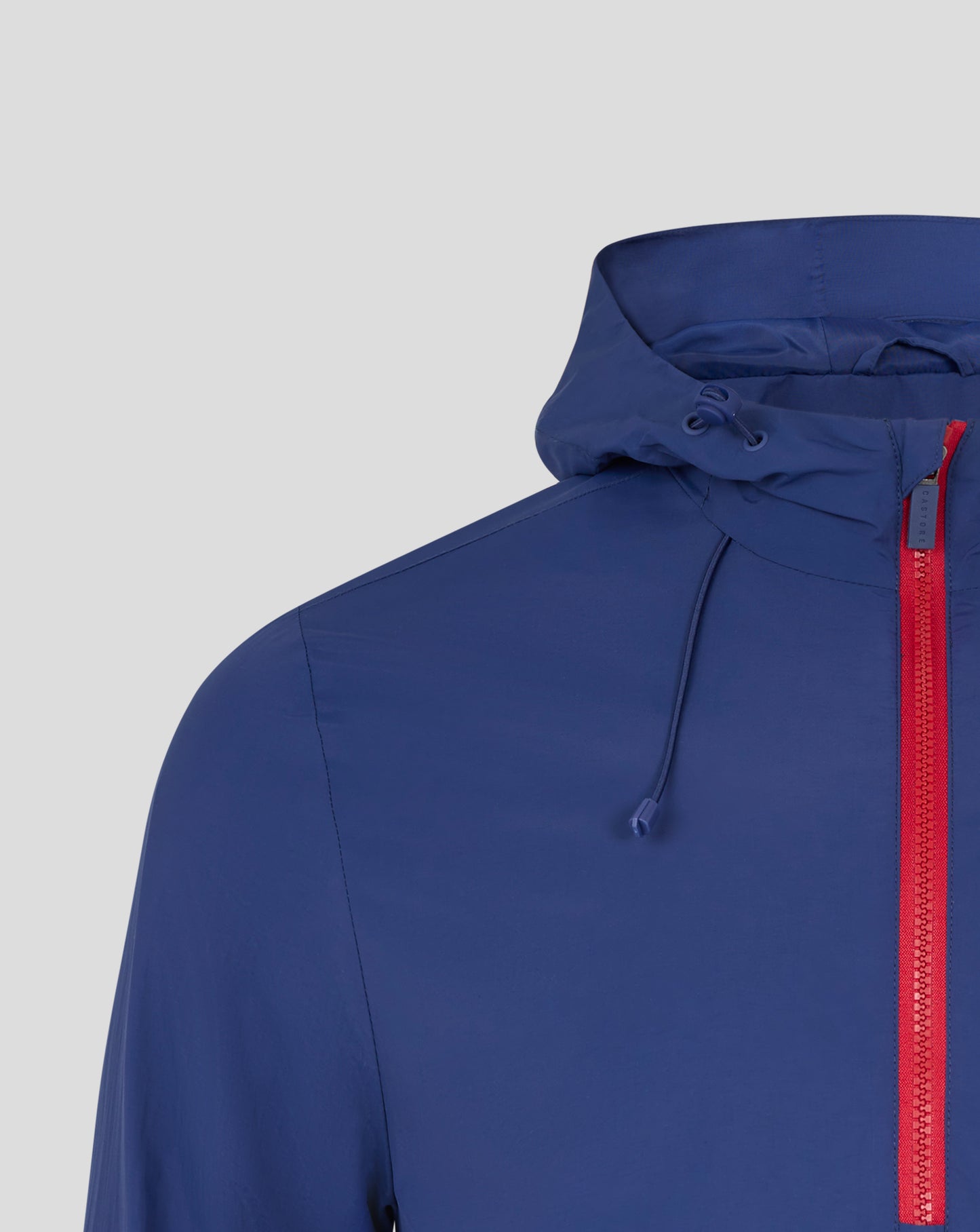 Blue Rangers Men's Anorak hooded jacket close up featuring a drawcord and red zipper
